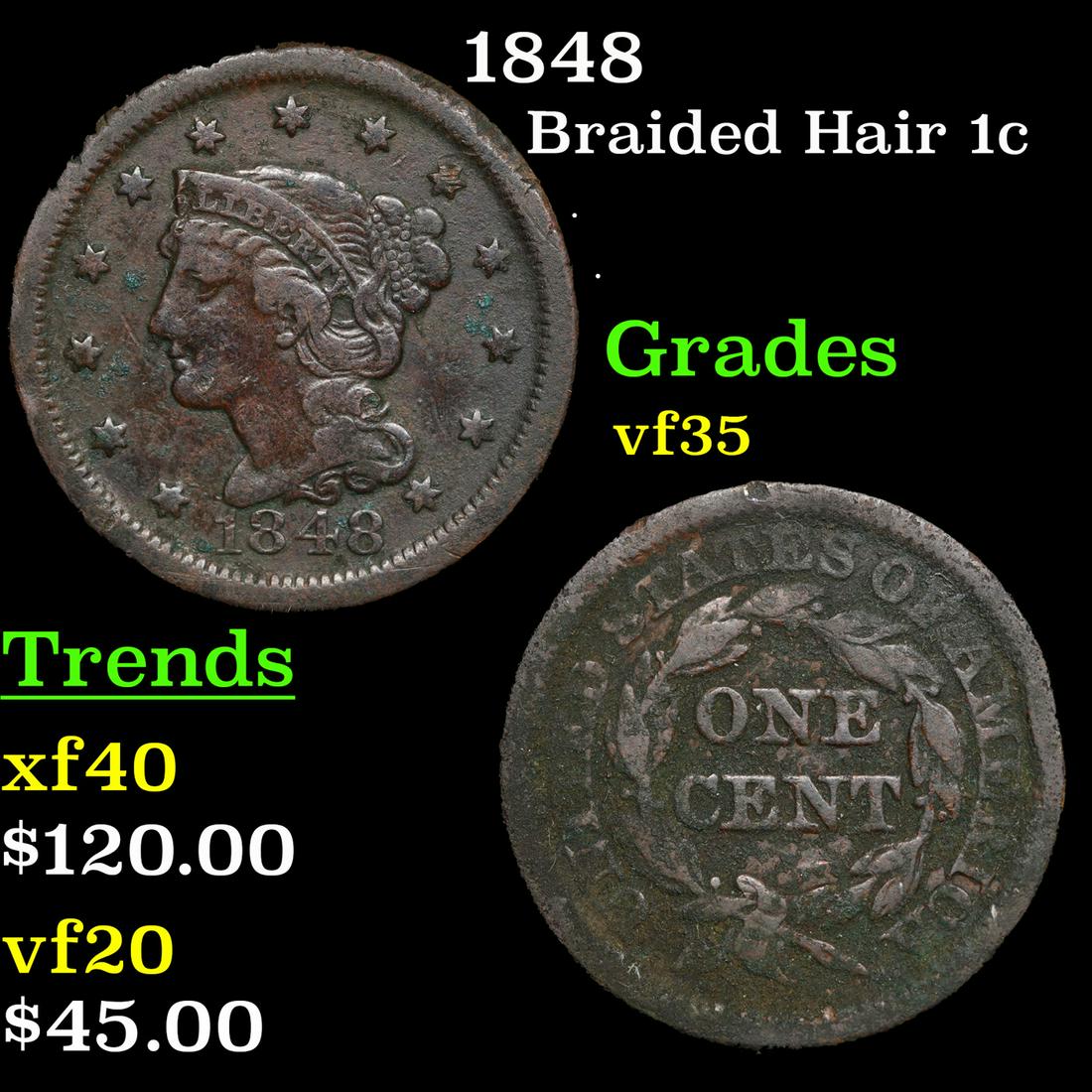 1848 Braided Hair Large Cent 1c Grades vf++ (1 of 3)