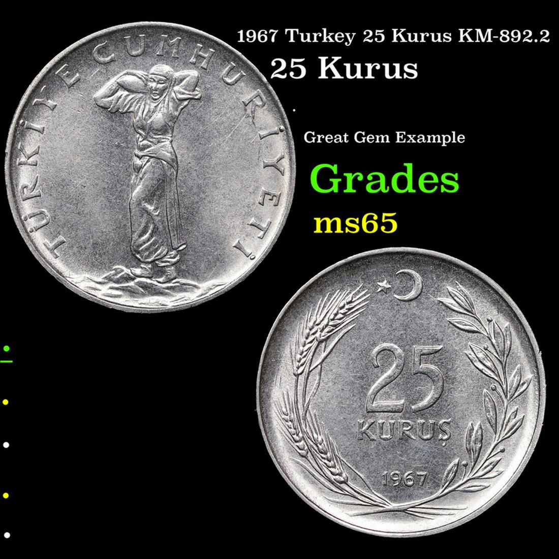1967 Turkey 25 Kurus KM-892.2 Grades GEM Unc: 1967 Turkey 25 Kurus KM-892.2 Grades GEM Unc.
