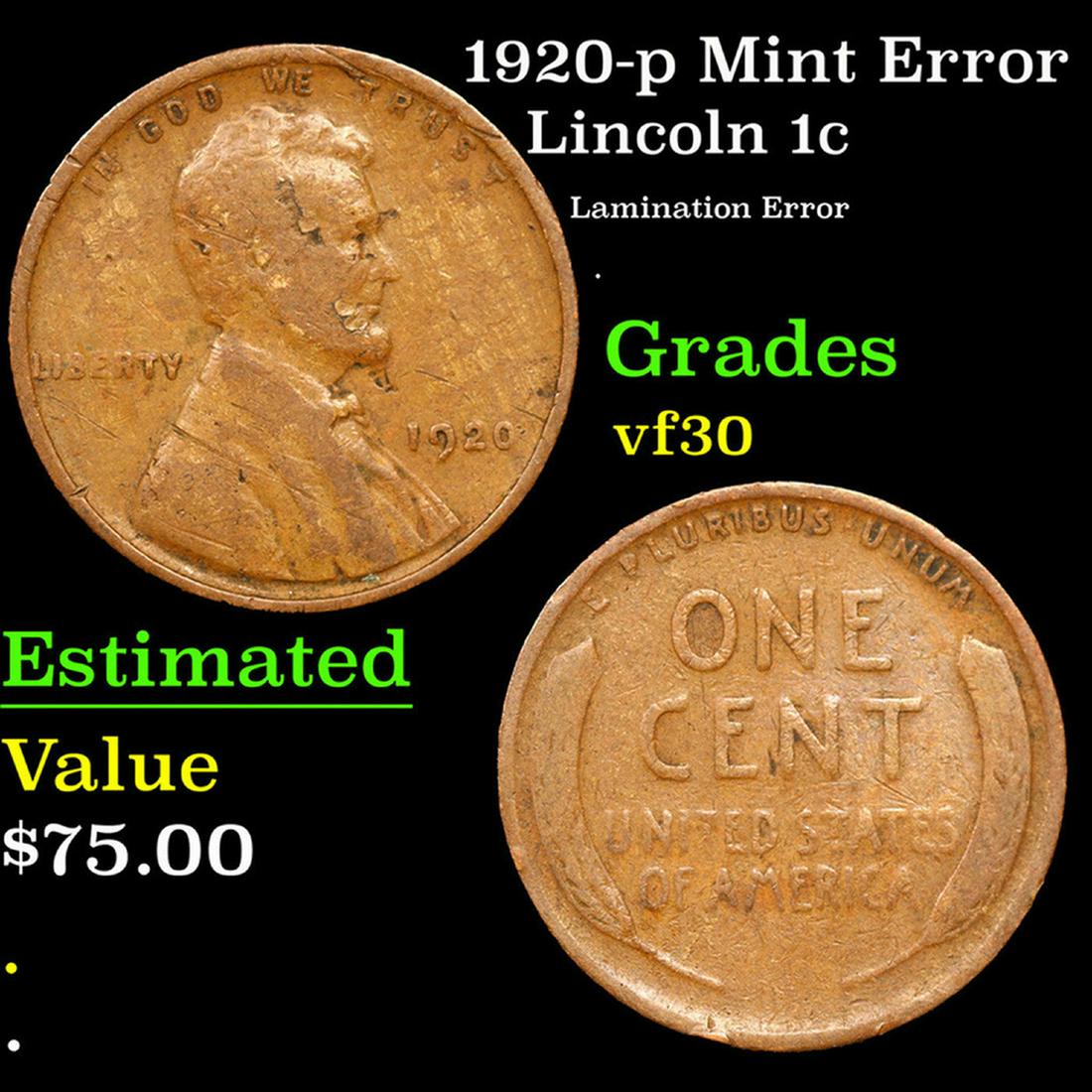 1920-p Lincoln Cent Mint Error 1c Grades vf++ (1 of 3)