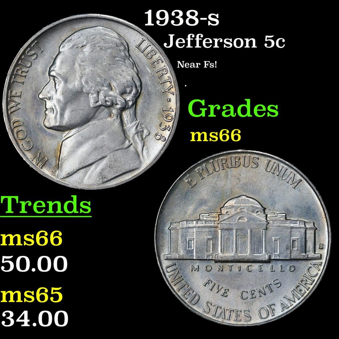 1938-s Jefferson Nickel 5c Grades GEM+ Unc (1 of 3)