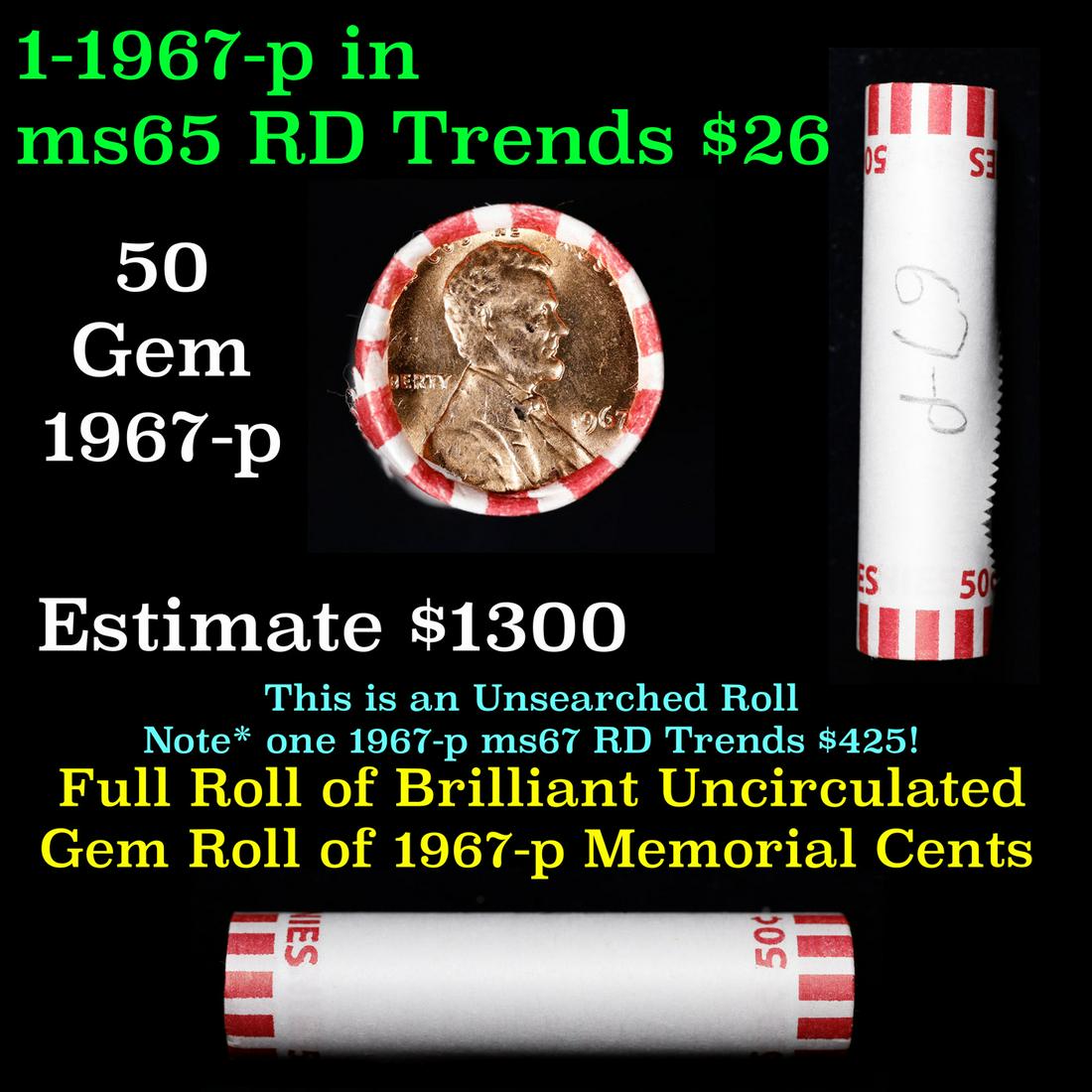 Shotgun Lincoln 1c roll, 1967-p 50 pcs Bank Wrapper.: Shotgun Lincoln 1c roll, 1967-p 50 pcs Bank Wrapper.. A terrific Shotgun roll of Lincoln cents. Most if not all coin should be cherry red.