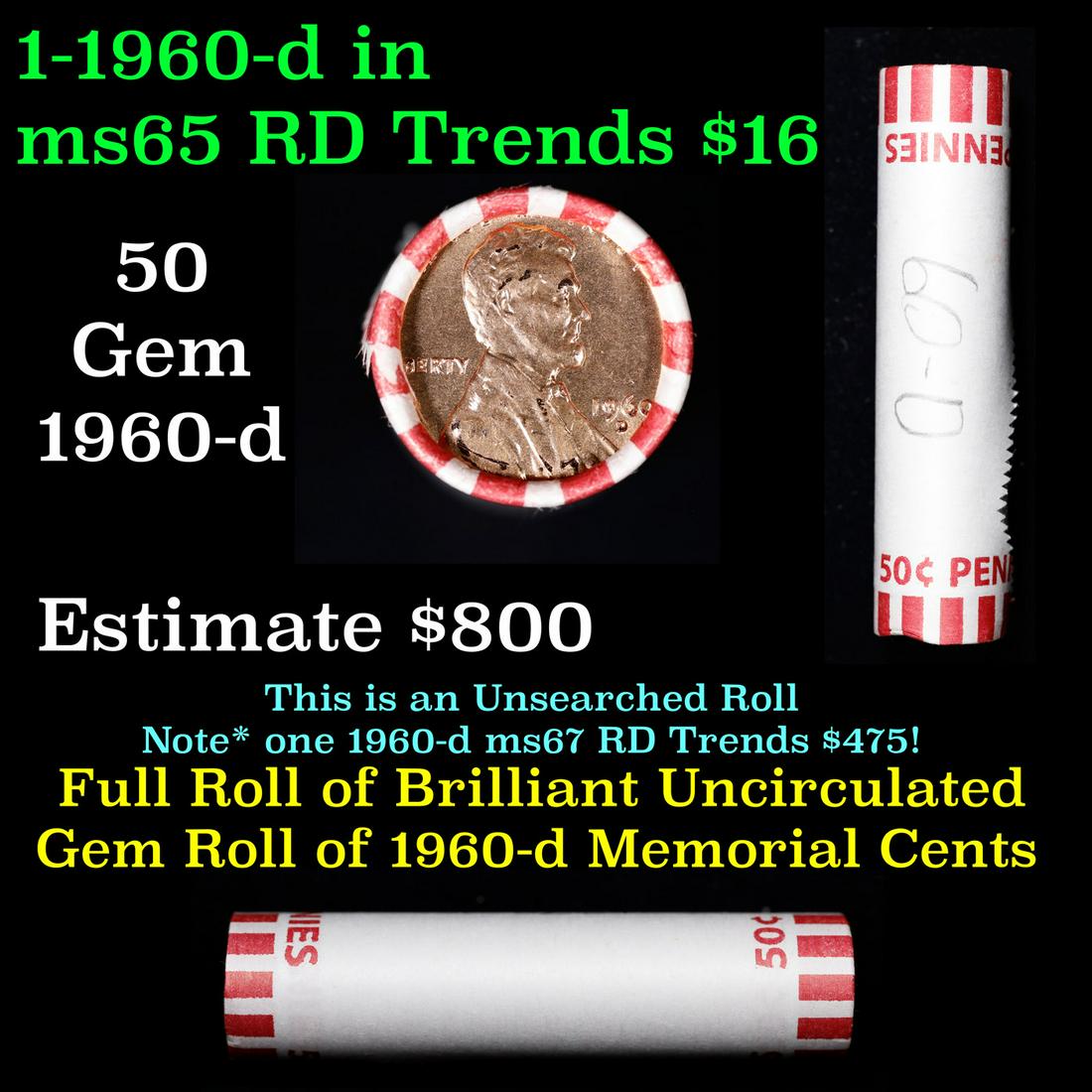 Shotgun Lincoln 1c roll, 1960-d 50 pcs Bank Wrapper.: Shotgun Lincoln 1c roll, 1960-d 50 pcs Bank Wrapper.. A terrific Shotgun roll of Lincoln cents. Most if not all coin should be cherry red.