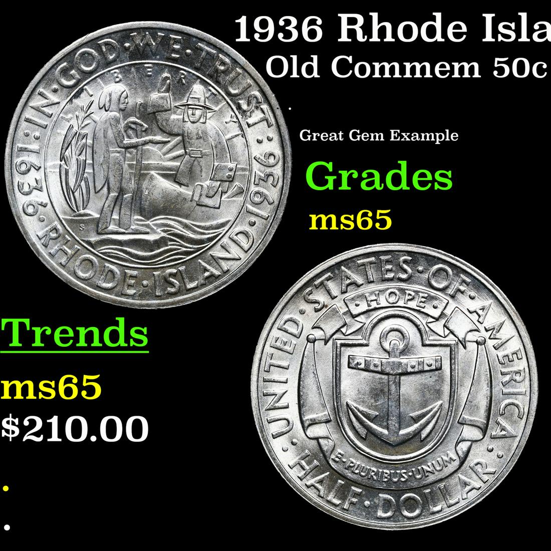 1936 Rhode Island Old Commem Half Dollar 50c Grades GEM Unc (1 of 3)