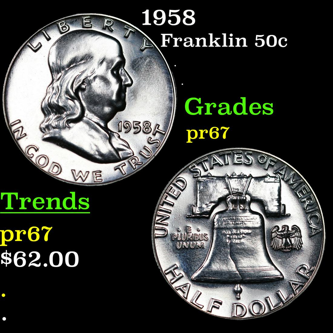 Proof 1958 Franklin Half Dollar 50c Grades GEM++ Proof (1 of 3)