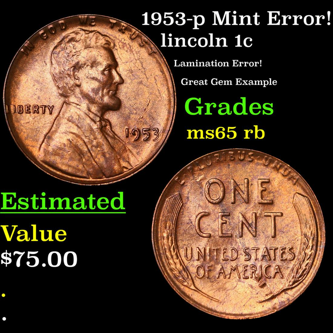 1953-p Lincoln Cent Mint Error! 1c Grades GEM Unc RB (1 of 3)