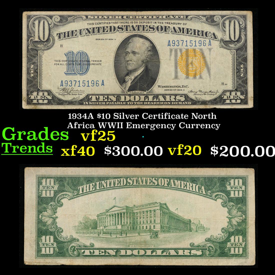 1934A $10 Silver Certificate North Africa WWII Emergency Currency Grades vf+ (1 of 3)