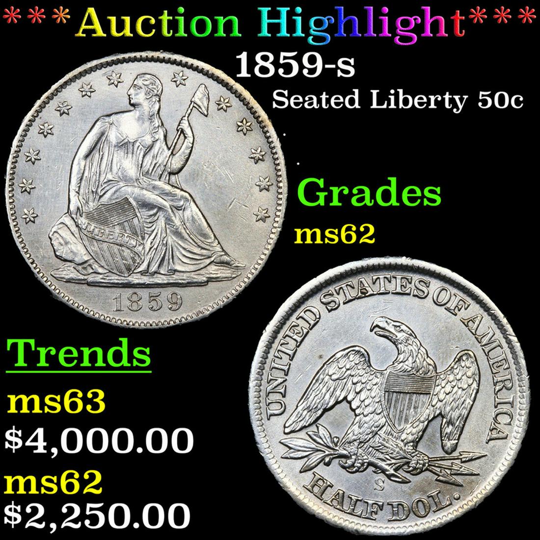 ***Auction Highlight*** 1859-s Seated Half Dollar 50c Grades Select Unc BY SEGS (fc) (1 of 3)