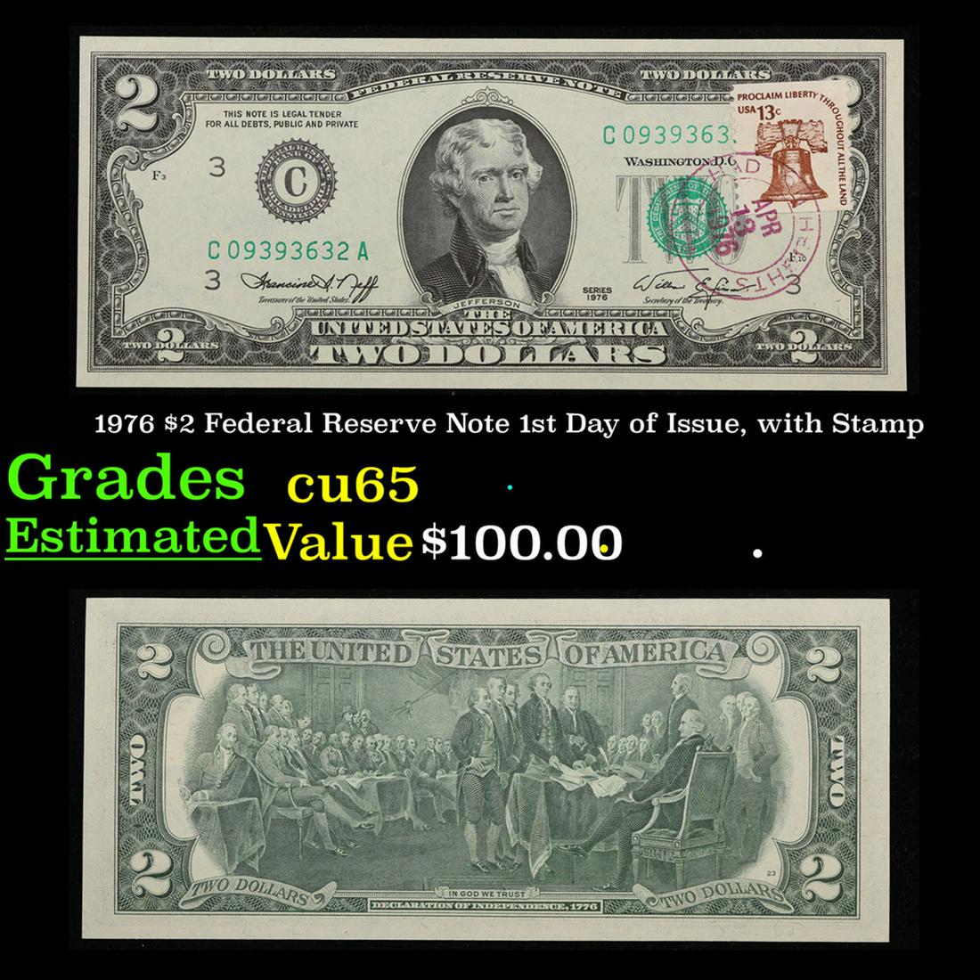 1976 $2 Federal Reserve Note 1st Day of Issue, with Stamp Grades Gem CU (1 of 3)