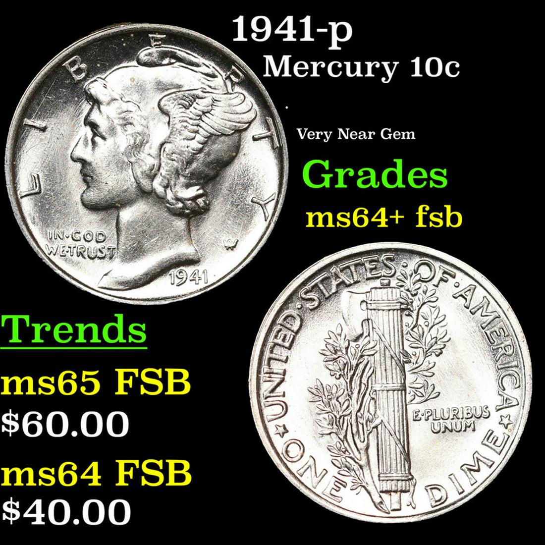 1941-p Mercury Dime 10c Grades Choice Unc+ FSB (1 of 3)