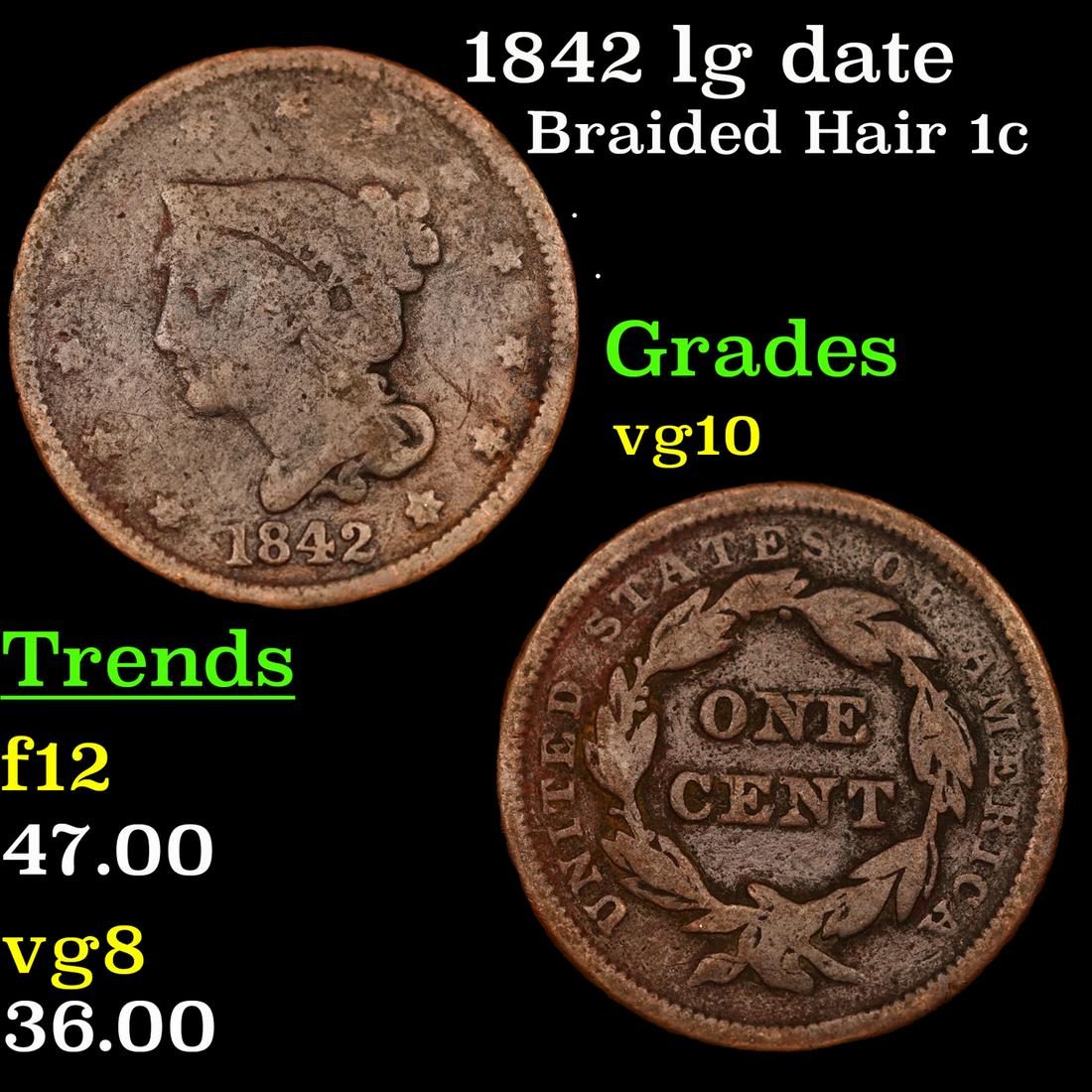 1842 lg date Braided Hair Large Cent 1c Grades vg+ (1 of 3)