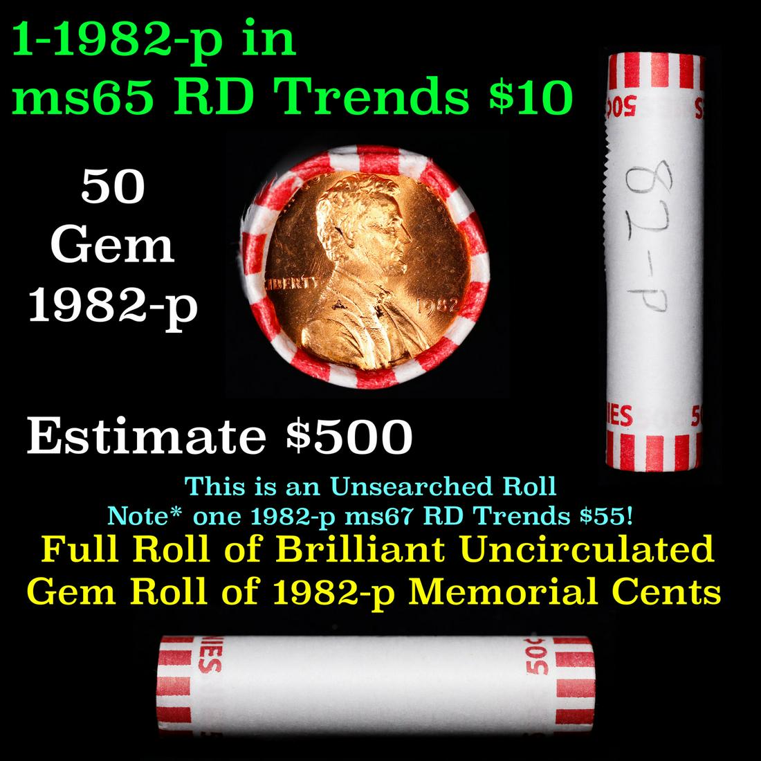 Shotgun Lincoln 1c roll, 1982-p 50 pcs Bank Wrapper.: Shotgun Lincoln 1c roll, 1982-p 50 pcs Bank Wrapper.. A terrific Shotgun roll of Lincoln cents. Most if not all coin should be cherry red.