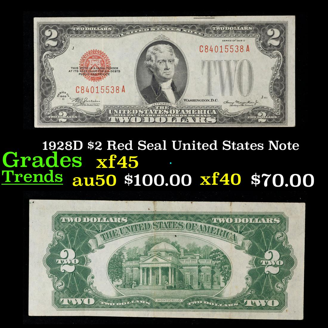 1928D $2 Red Seal United States Note Grades xf+ (1 of 3)