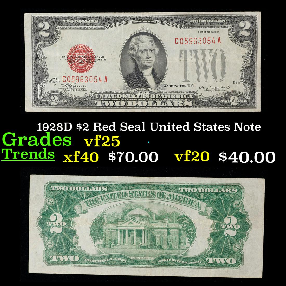 1928D $2 Red Seal United States Note Grades vf+ (1 of 3)