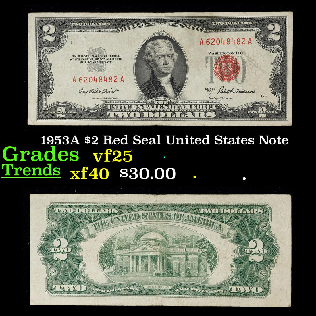 1953A $2 Red Seal United States Note Grades vf+: 1953A $2 Red Seal United States Note Grades vf+. 1953 red print two dollar bills can be broke up into four different types by signature combination; 1953 â€“ Ivy Baker Priest (Treasurer of The Un