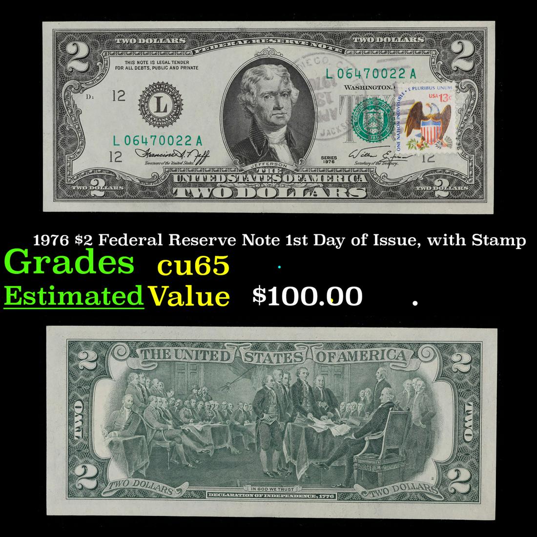 1976 $2 Federal Reserve Note 1st Day of Issue, with Stamp Grades Gem CU (1 of 3)