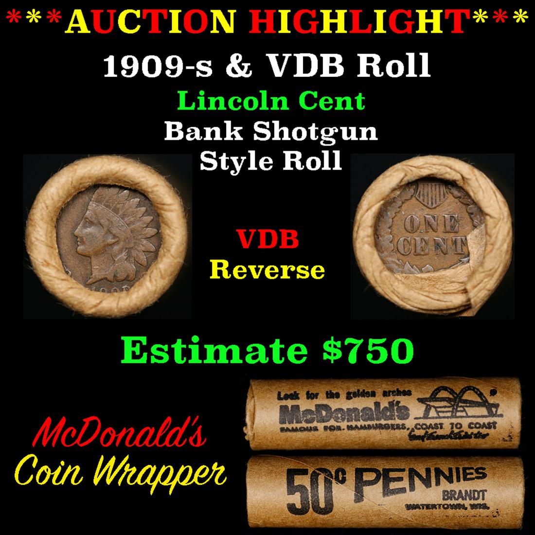 ***Auction Highlight***Indian cent 1c orig roll, 1909 & 's' mint ends, 50 coins. (1 of 3)
