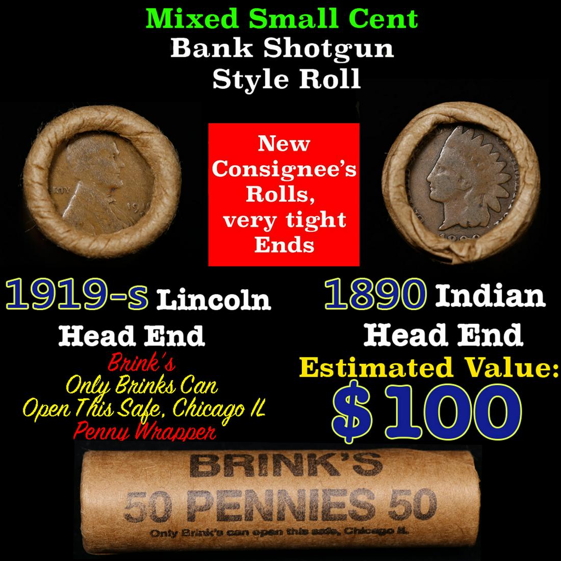 Mixed small cents 1c orig shotgun roll, 1919-s Wheat Cent, 1890 Indian Cent other end, Brinks (1 of 3)