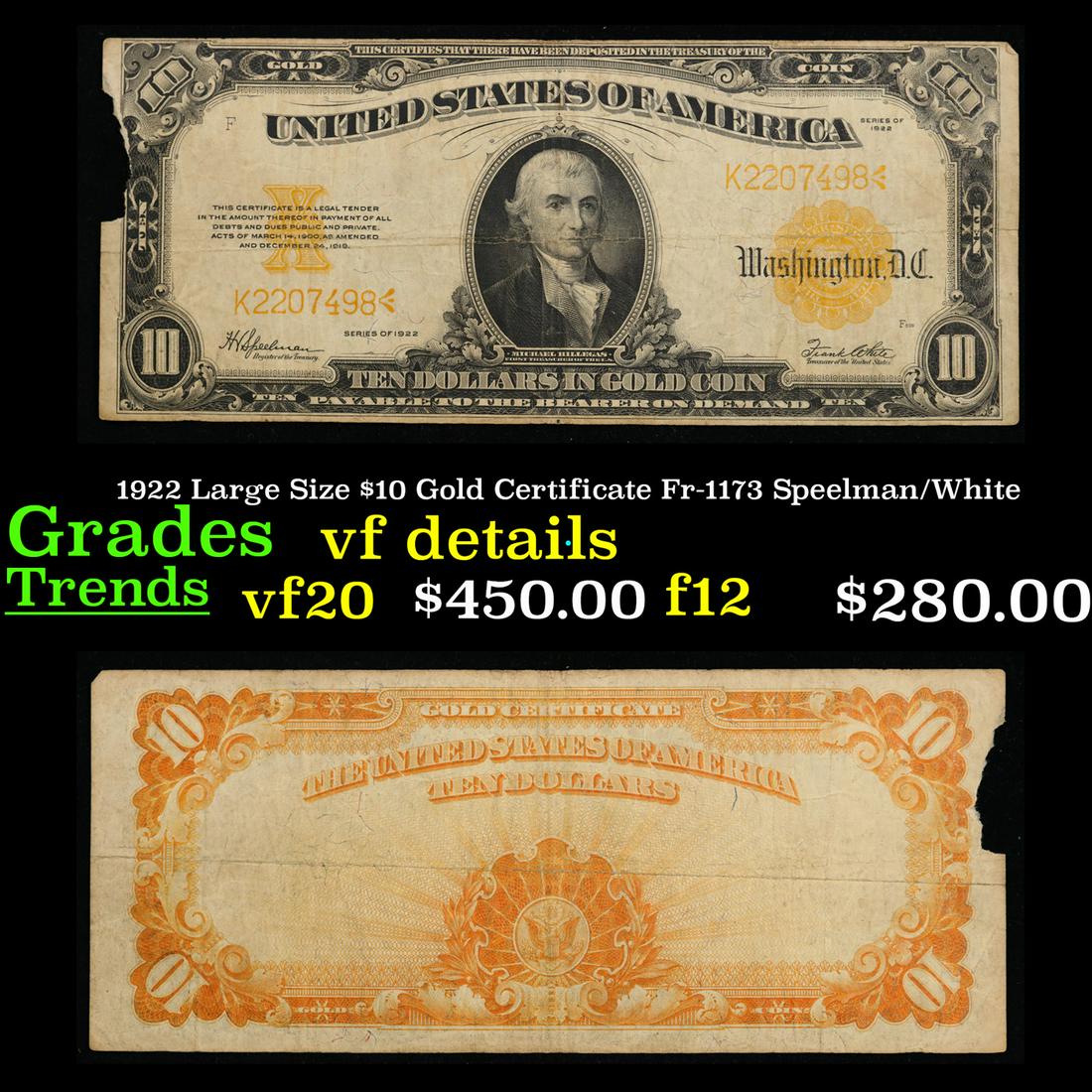 1922 Large Size $10 Gold Certificate Fr-1173 Speelman/White Grades vf details (1 of 3)