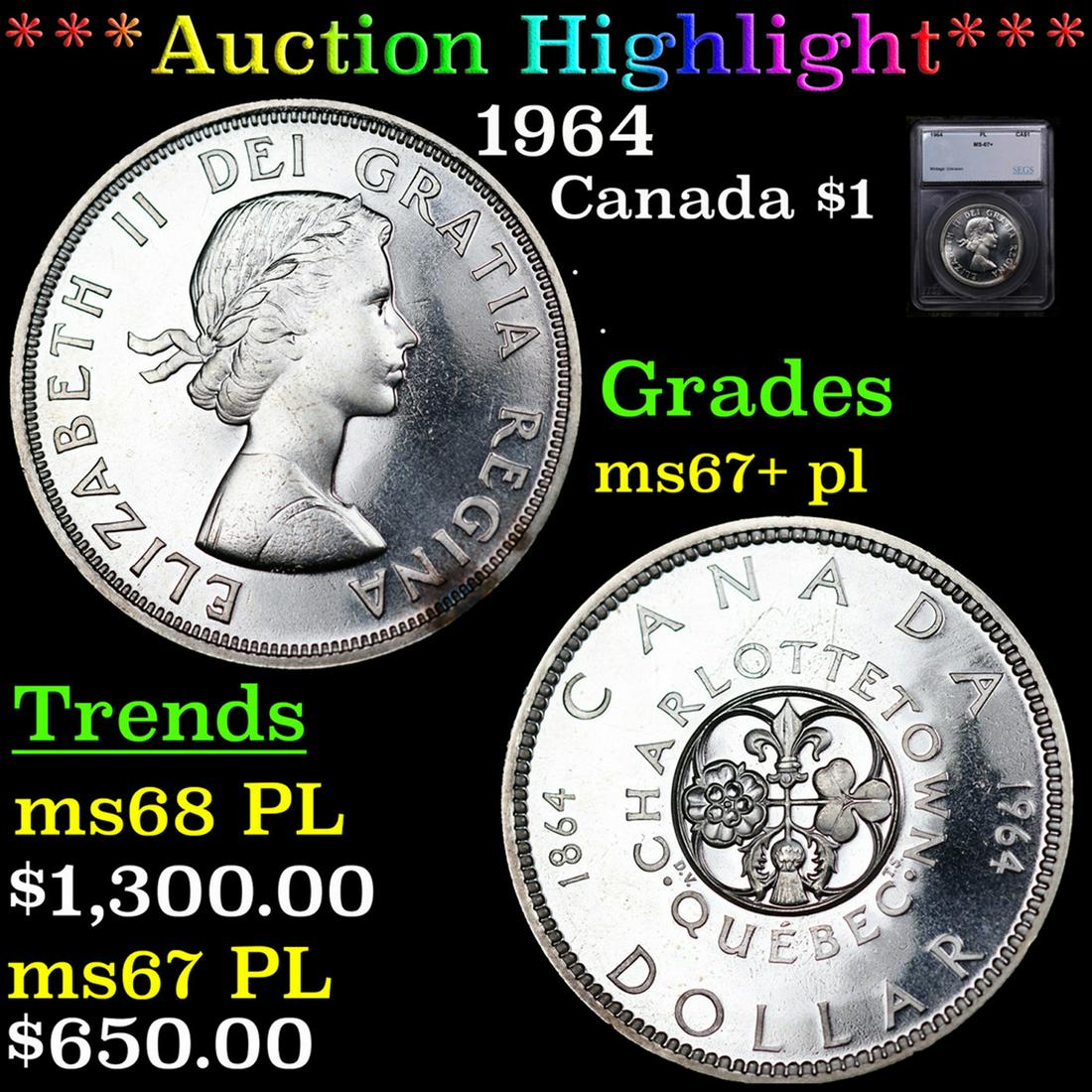 ***Auction Highlight*** 1964 Canada Dollar $1 Grades GEM++ PL BY SEGS (fc) (1 of 5)
