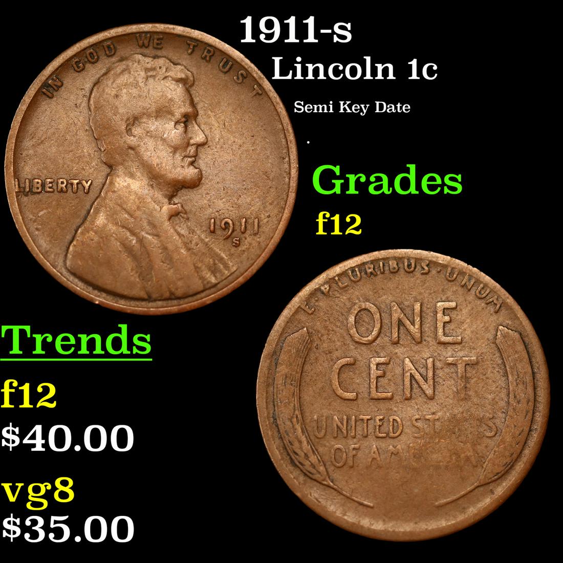 1911-s Lincoln Cent 1c Grades f, fine (1 of 3)