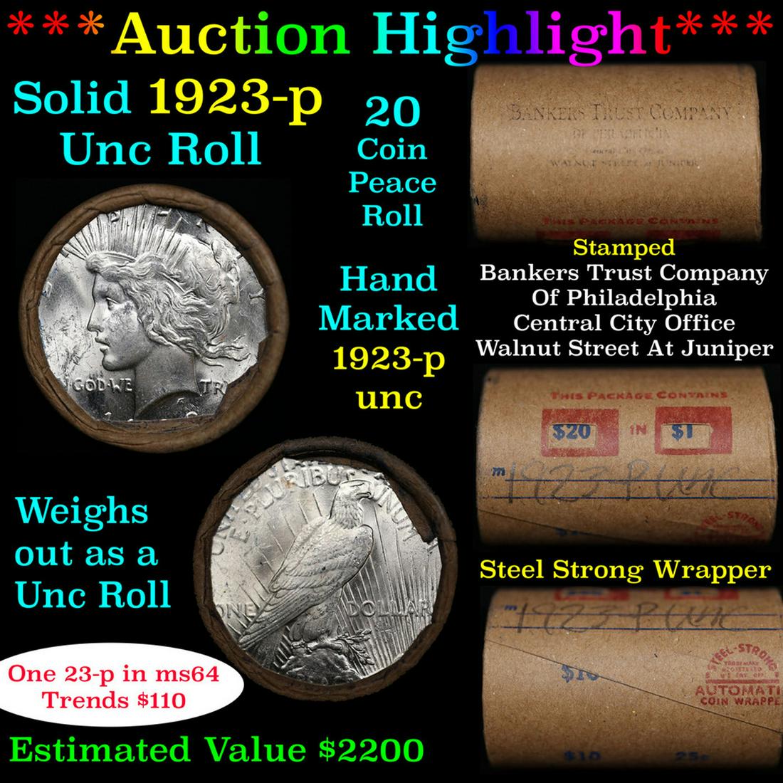 ***Auction Highlight*** Full solid date 1923-p Uncirculated Peace silver dollar roll, 20 coins (fc) (1 of 6)