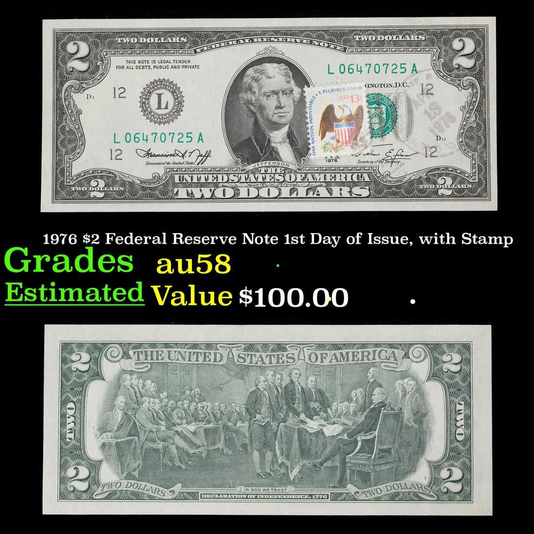 1976 $2 Federal Reserve Note 1st Day of Issue, with Stamp Grades Choice AU/BU Slider (1 of 3)