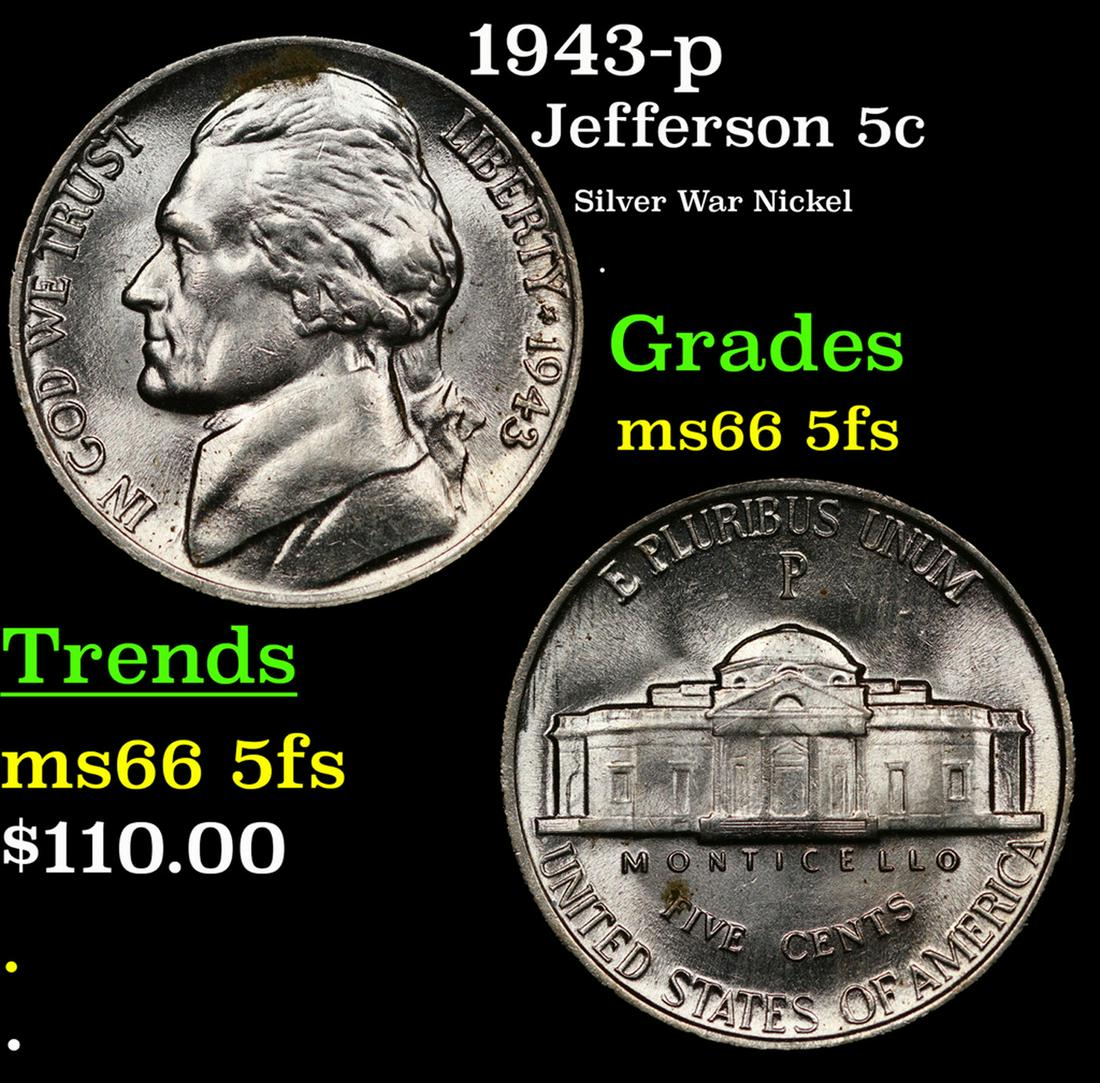 1943-p Jefferson Nickel 5c Grades GEM+ 5fs (1 of 3)