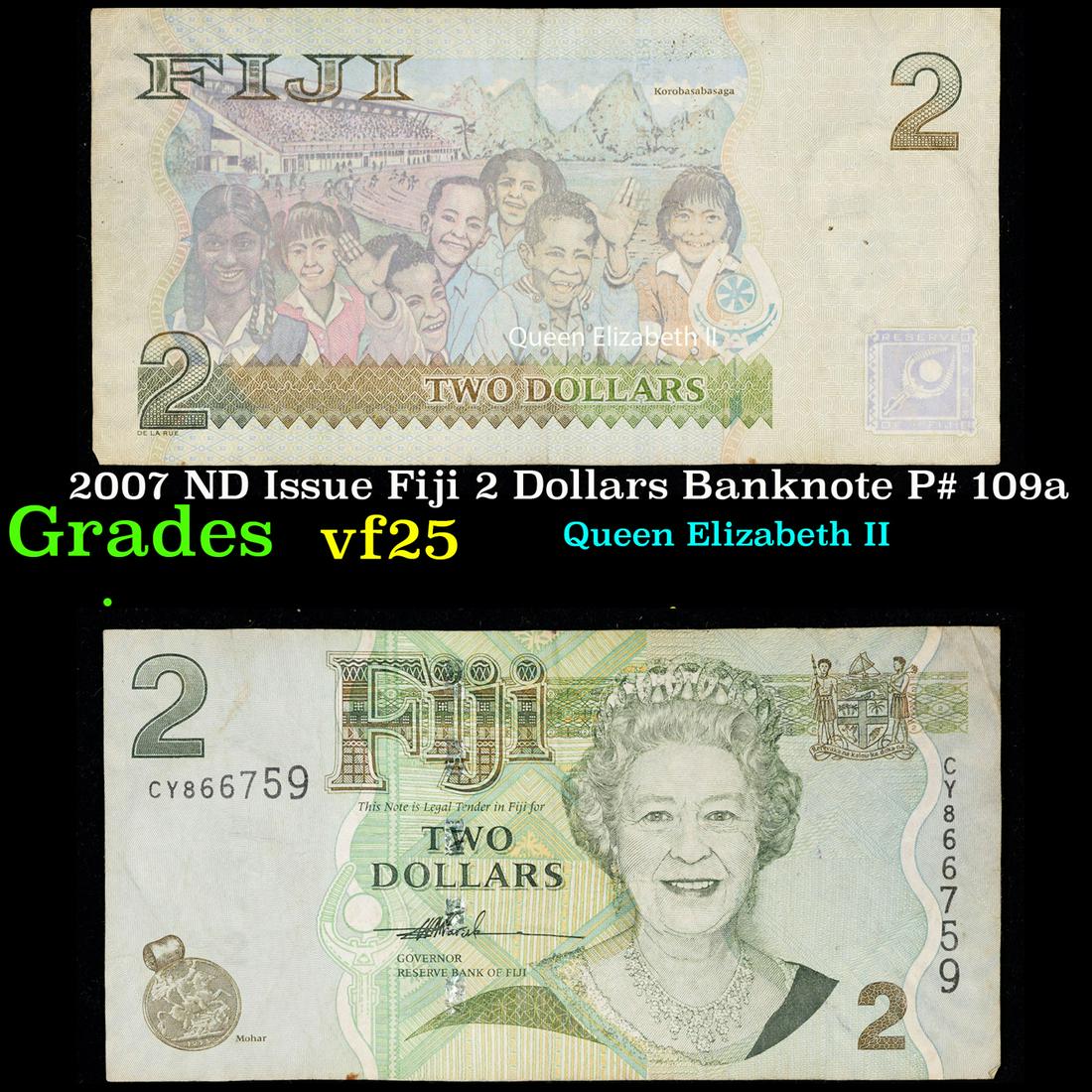 2007 ND Issue Fiji 2 Dollars Banknote P# 109a Grades vf+ (1 of 3)