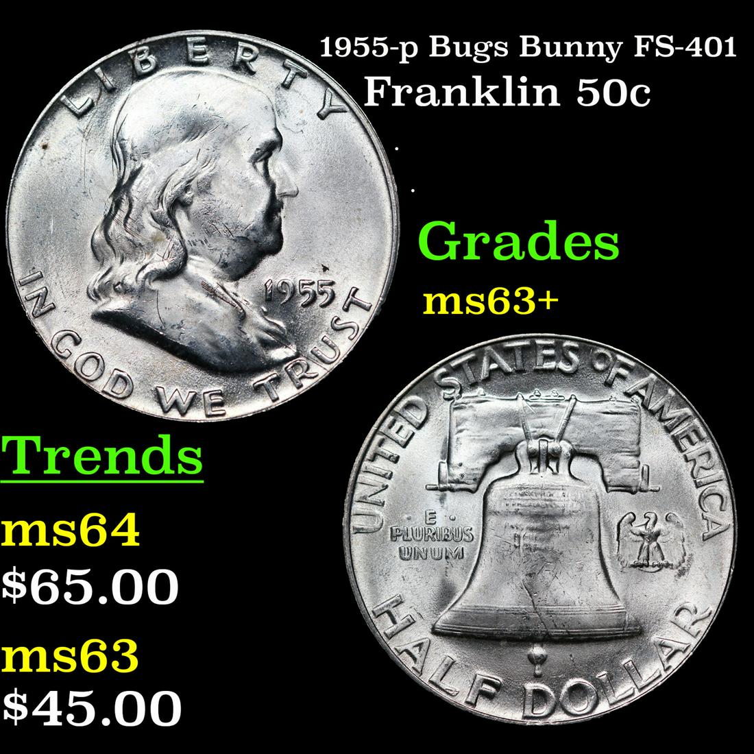 1955-p Bugs Bunny Franklin Half Dollar FS-401 50c Grades Select+ Unc (1 of 3)