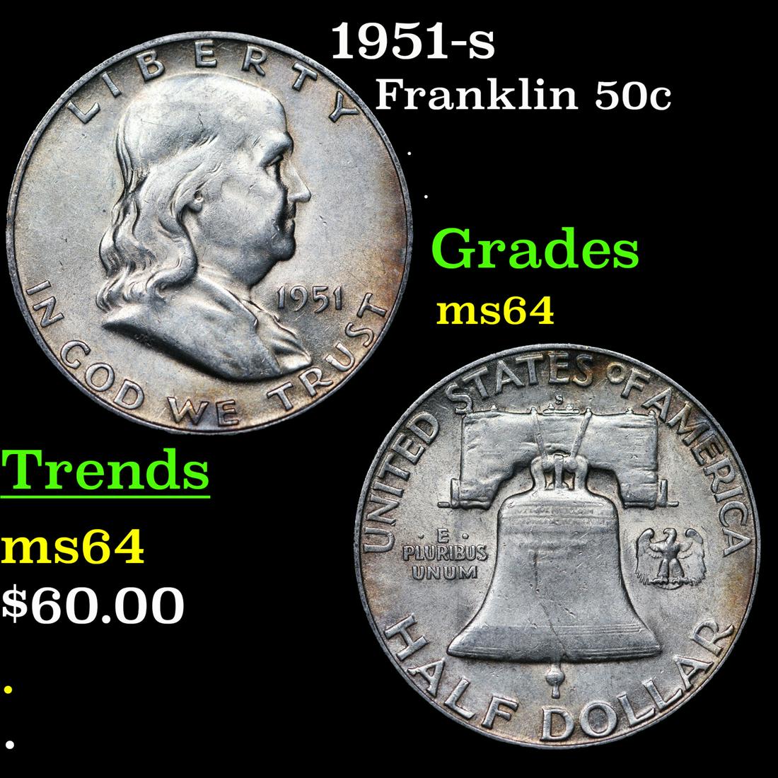 1951-s Franklin Half Dollar 50c Grades Choice Unc (1 of 3)