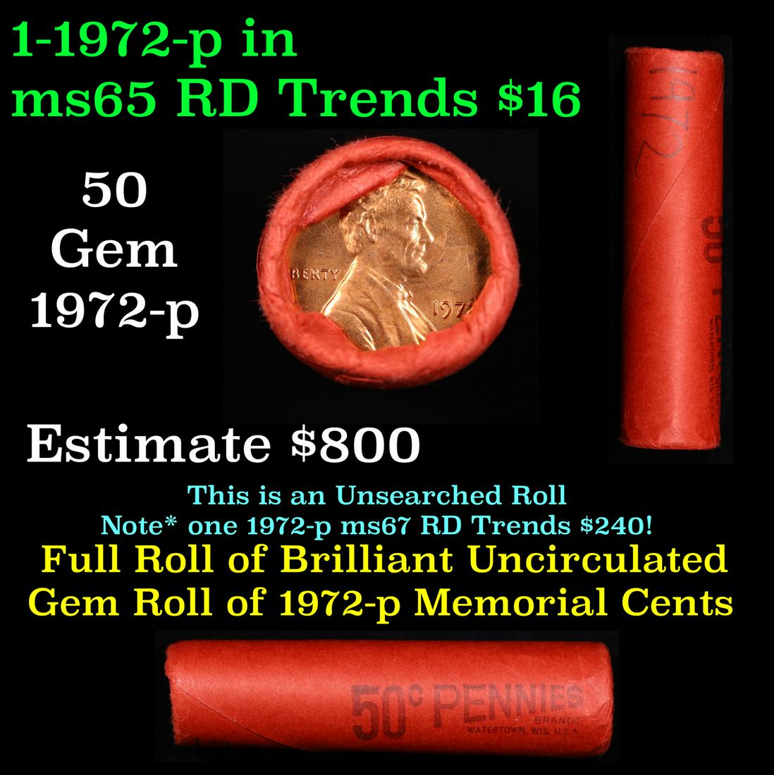 Shotgun Lincoln 1c roll, 1972-p 50 pcs Brandt Wrapper.: Shotgun Lincoln 1c roll, 1972-p 50 pcs Brandt Wrapper.. A terrific Shotgun roll of Lincoln cents. Most if not all coin should be cherry red.
