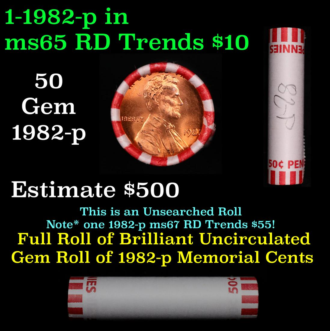 Shotgun Lincoln 1c roll, 1982-p 50 pcs Bank Wrapper.: Shotgun Lincoln 1c roll, 1982-p 50 pcs Bank Wrapper.. A terrific Shotgun roll of Lincoln cents. Most if not all coin should be cherry red.