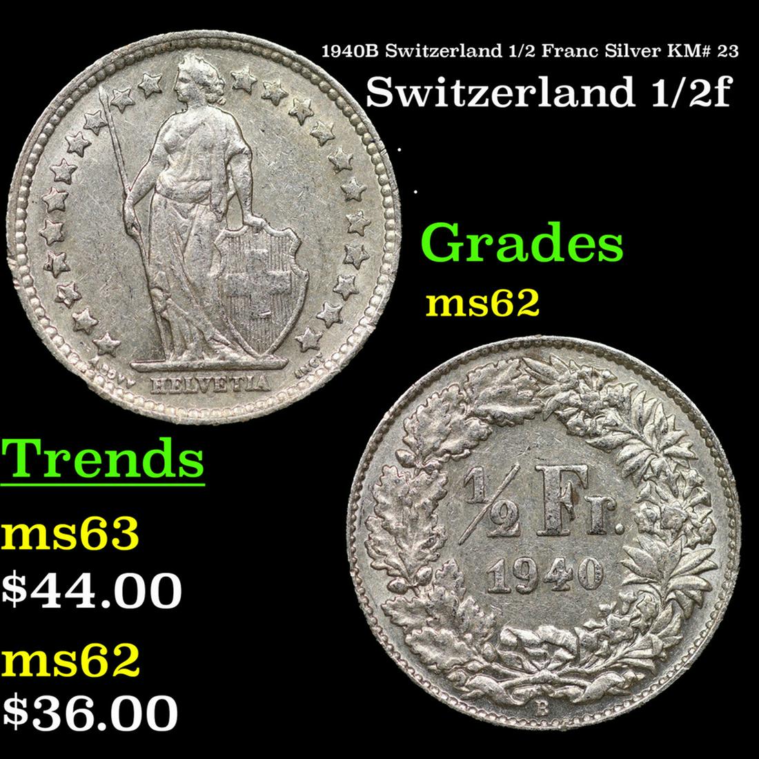 1940B Switzerland 1/2 Franc Silver KM# 23 Grades Select Unc (1 of 3)