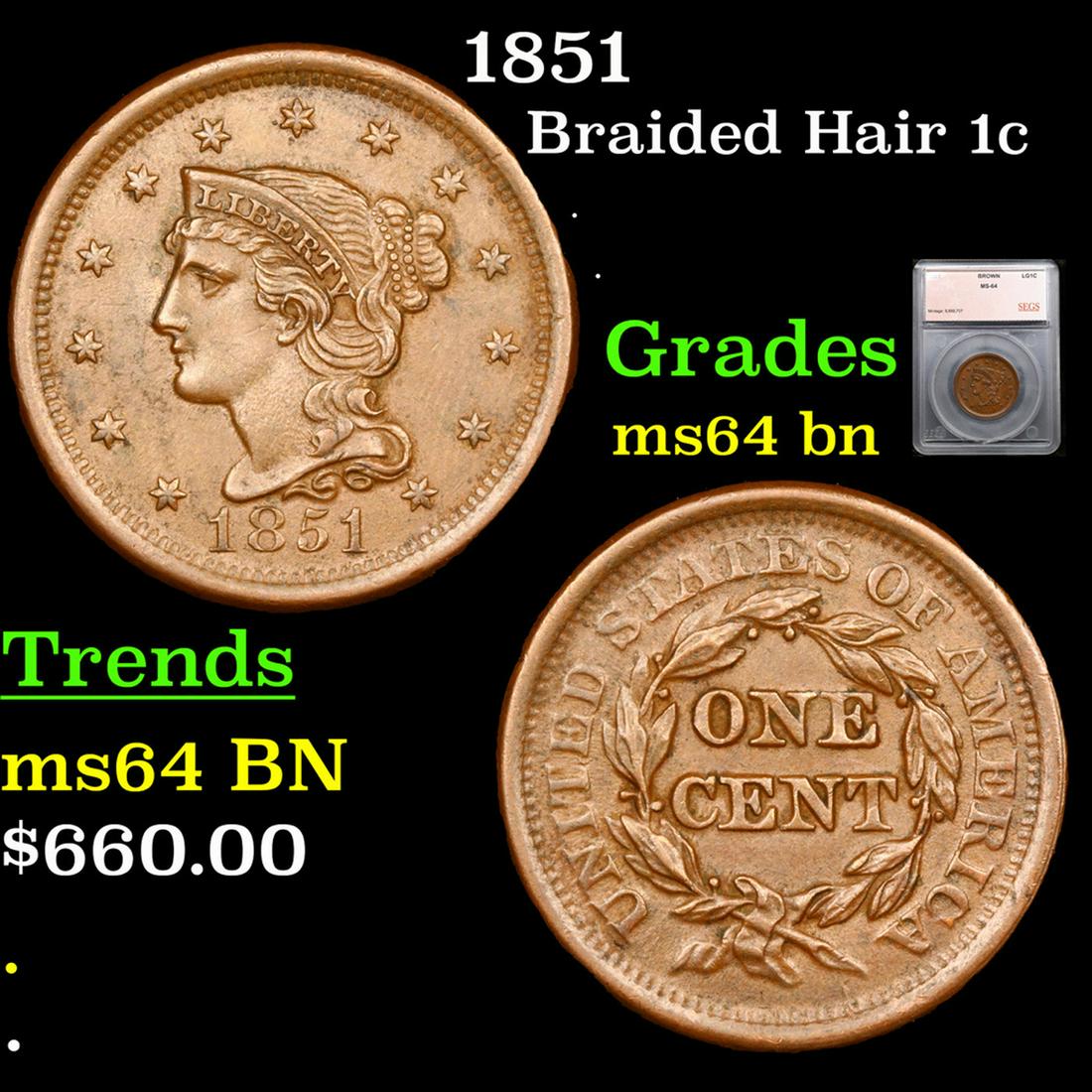 1851 Braided Hair Large Cent 1c Graded ms64 bn BY SEGS (1 of 5)
