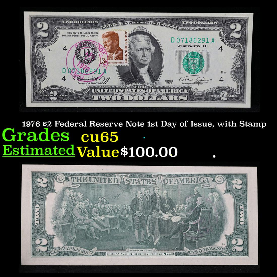 1976 $2 Federal Reserve Note 1st Day of Issue, with Stamp Grades Gem CU (1 of 3)