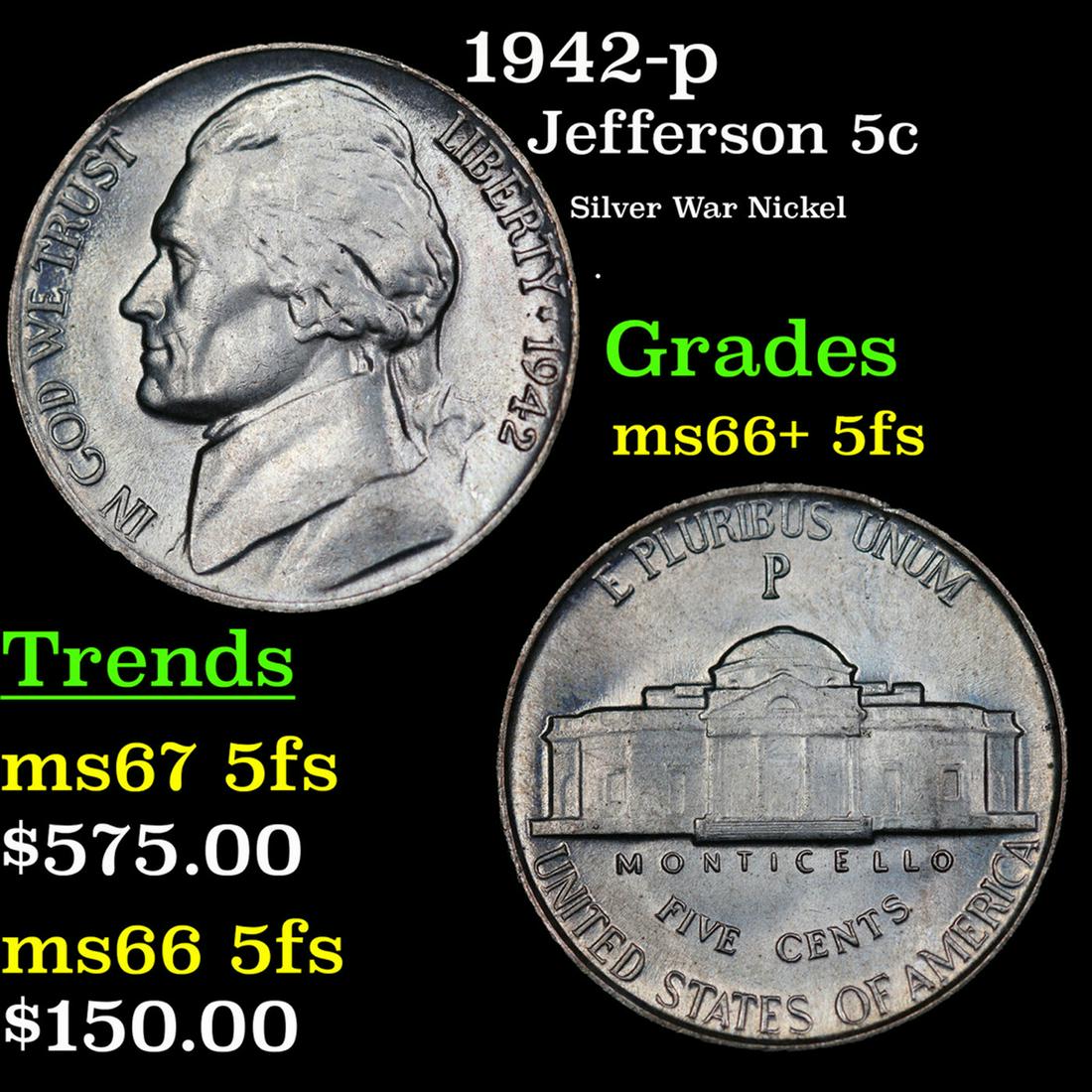 1942-p Jefferson Nickel 5c Grades GEM++ 5fs (1 of 3)