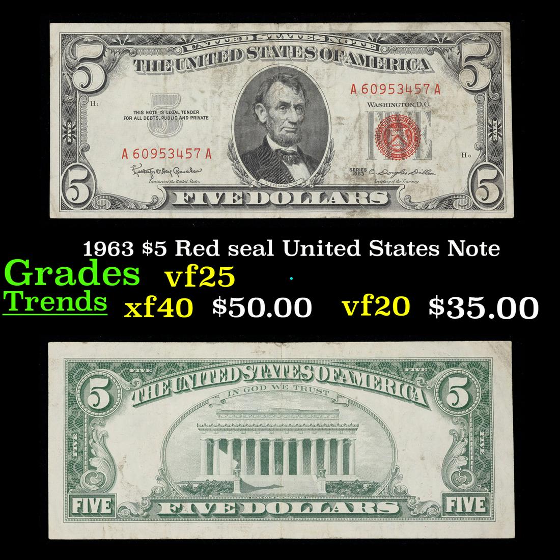 1963 $5 Red seal United States Note Grades vf+ (1 of 3)