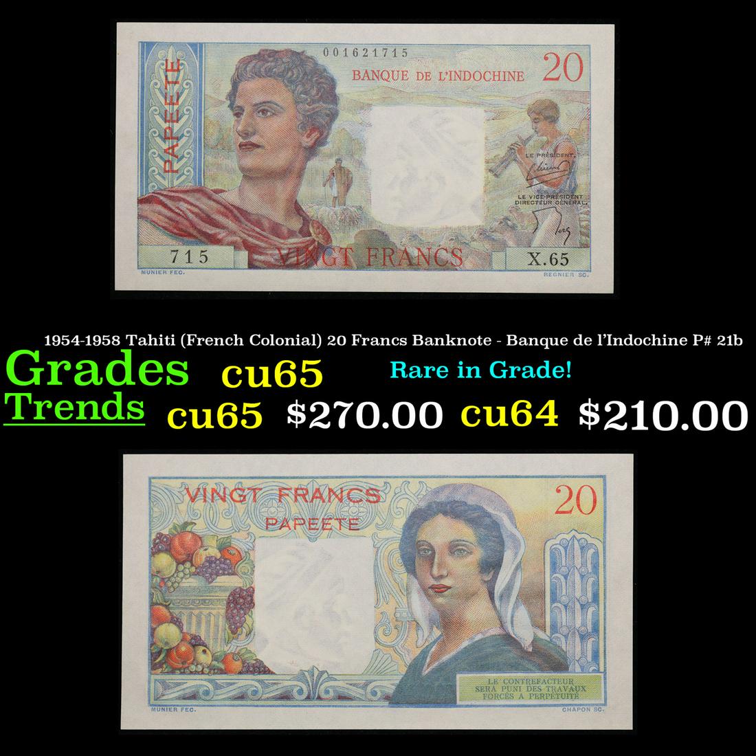 1954-1958 Tahiti (French Colonial) 20 Francs Banknote - Banque de l'Indochine P# 21b Grades Gem CU: 1954-1958 Tahiti (French Colonial) 20 Francs Banknote - Banque de l'Indochine P# 21b Grades Gem CU. A Corey's Pick, Bid to Win, Don't let it get Away Coin