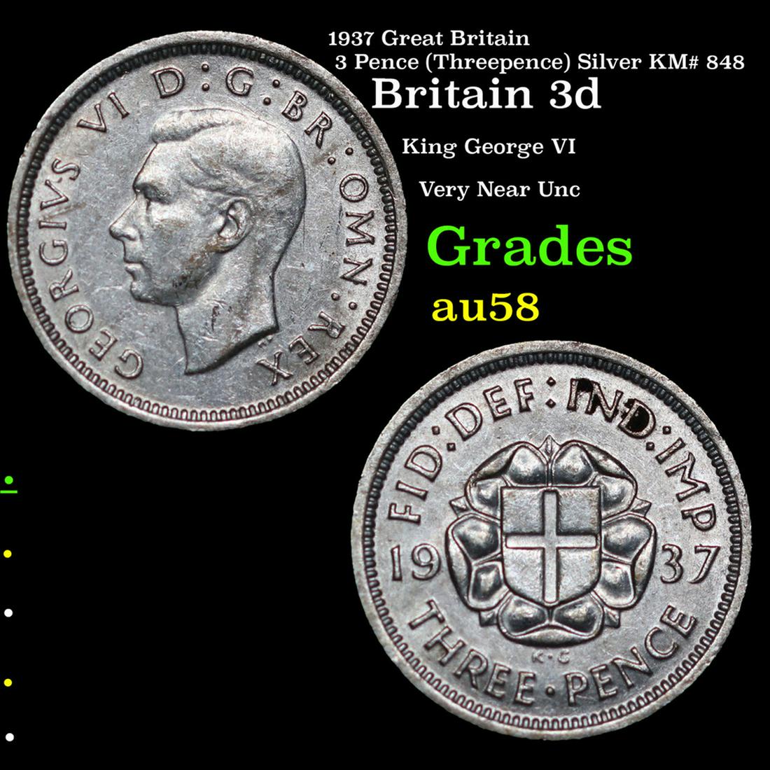 1937 Great Britain 3 Pence (Threepence) Silver KM# 848 Grades Choice AU/BU Slider (1 of 3)