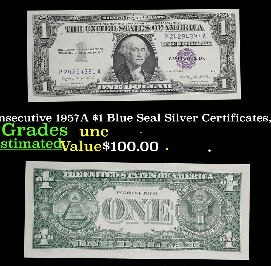 2x Consecutive 1957A $1 Blue Seal Silver Certificates, All CU! Grades Brilliant Uncirculated (1 of 5)
