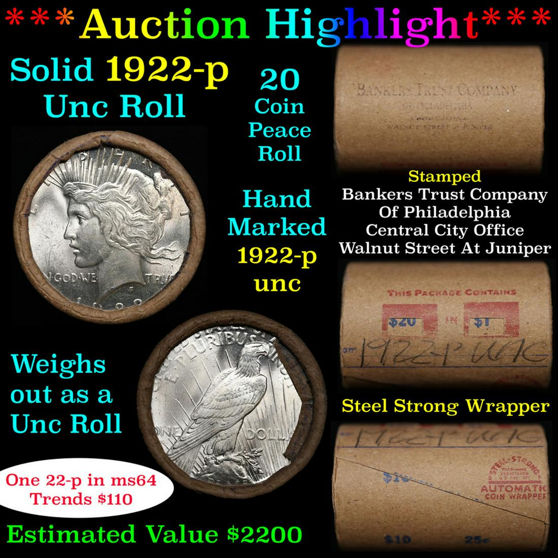 ***Auction Highlight*** Full solid date 1922-p Uncirculated Peace silver dollar roll, 20 coins (fc) (1 of 6)