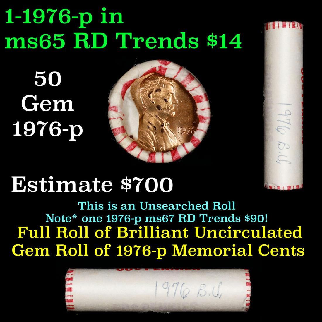 Shotgun Lincoln 1c roll, 1976-p B.U 50 pcs Bank Wrapper.: Shotgun Lincoln 1c roll, 1976-p B.U 50 pcs Bank Wrapper.. A terrific Shotgun roll of Lincoln cents. Most if not all coin should be cherry red.