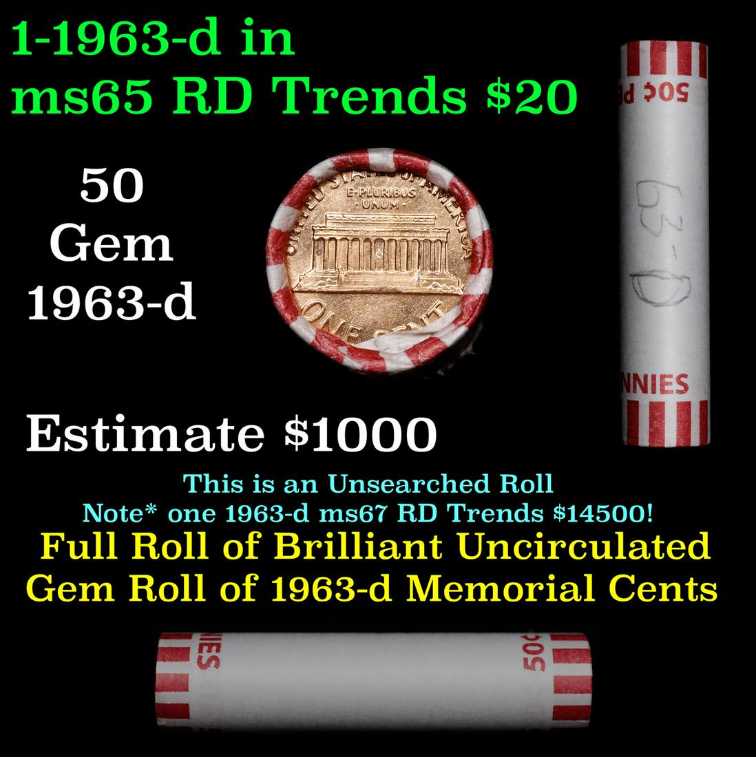 Shotgun Lincoln 1c roll, 1963-d 50 pcs Bank Wrapper.: Shotgun Lincoln 1c roll, 1963-d 50 pcs Bank Wrapper.. A terrific Shotgun roll of Lincoln cents. Most if not all coin should be cherry red.