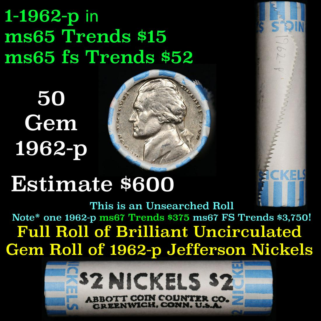 Shotgun Jefferson 5c roll, 1962-p 40 pcs Abbott Coin Counter Wrapper (1 of 4)