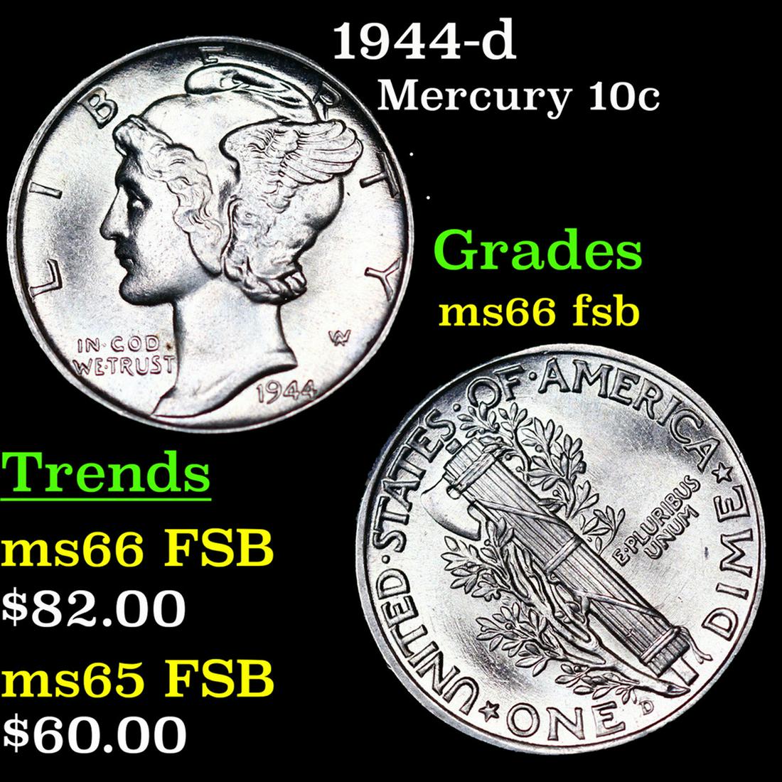 1944-d Mercury Dime 10c Grades GEM+ FSB: 1944-d Mercury Dime 10c Grades GEM+ FSB.