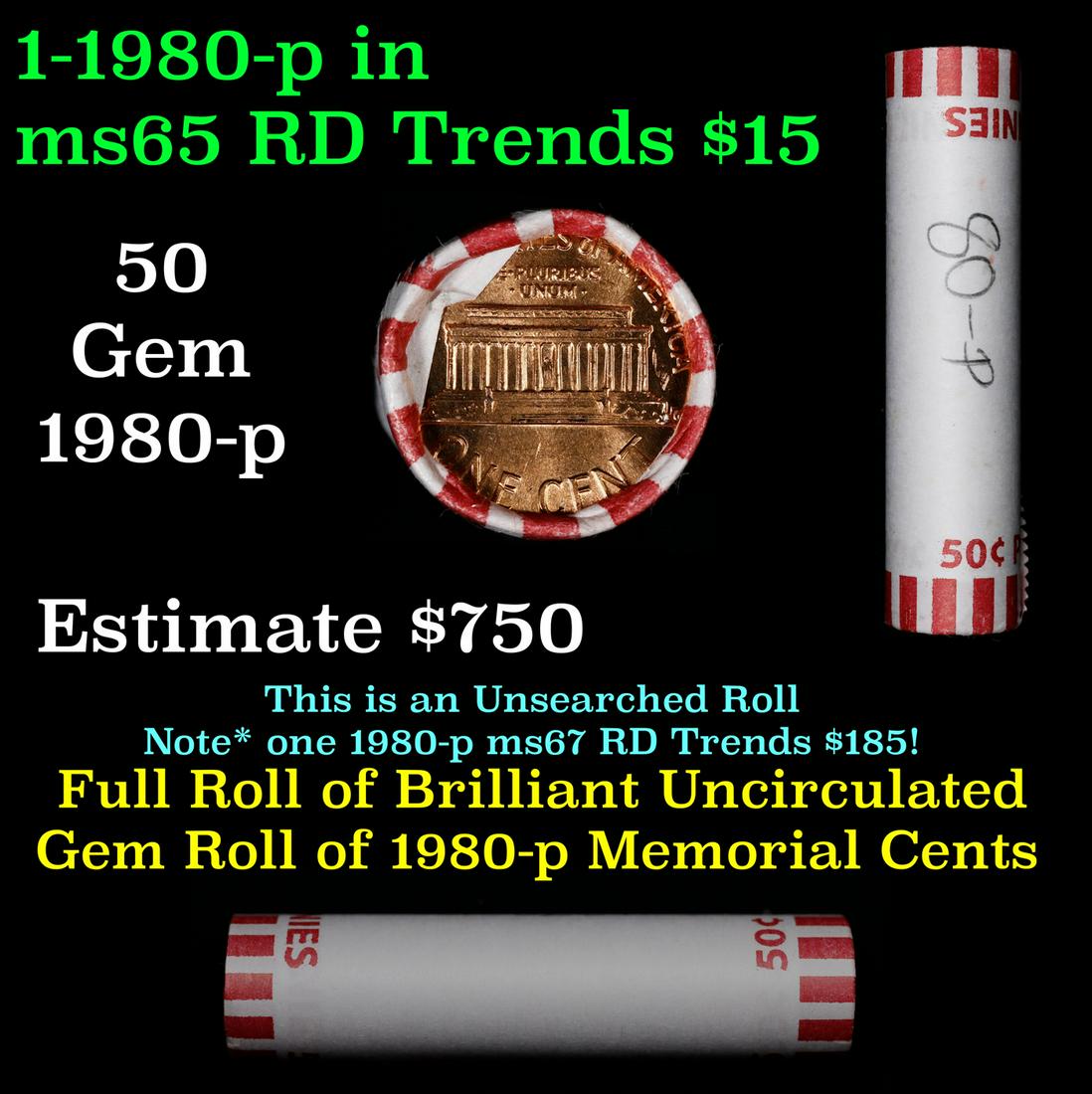 Shotgun Lincoln 1c roll, 1980-p 50 pcs Bank Wrapper.: Shotgun Lincoln 1c roll, 1980-p 50 pcs Bank Wrapper.. A terrific Shotgun roll of Lincoln cents. Most if not all coin should be cherry red.