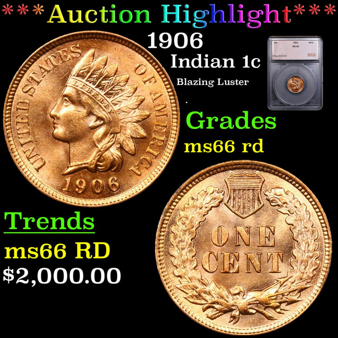 ***Auction Highlight*** 1906 Indian Cent 1c Graded ms66 rd BY SEGS (fc) (1 of 5)