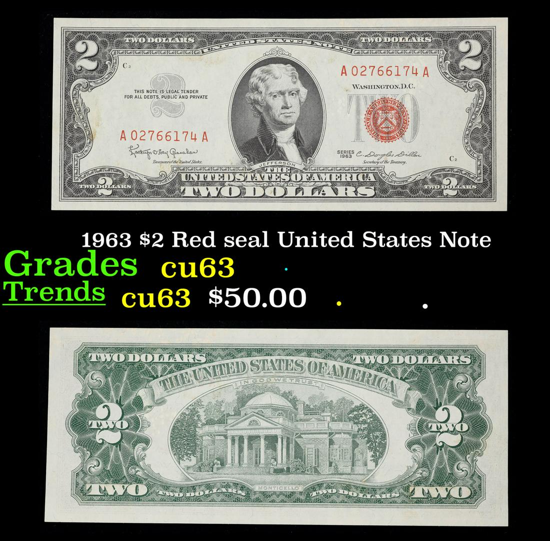 1963 $2 Red seal United States Note Grades Select CU: 1963 $2 Red seal United States Note Grades Select CU. 1963 Legal Tender (United States Note). 1963 marks the last year that red seals were printed on two dollar bills. This is also the last year that