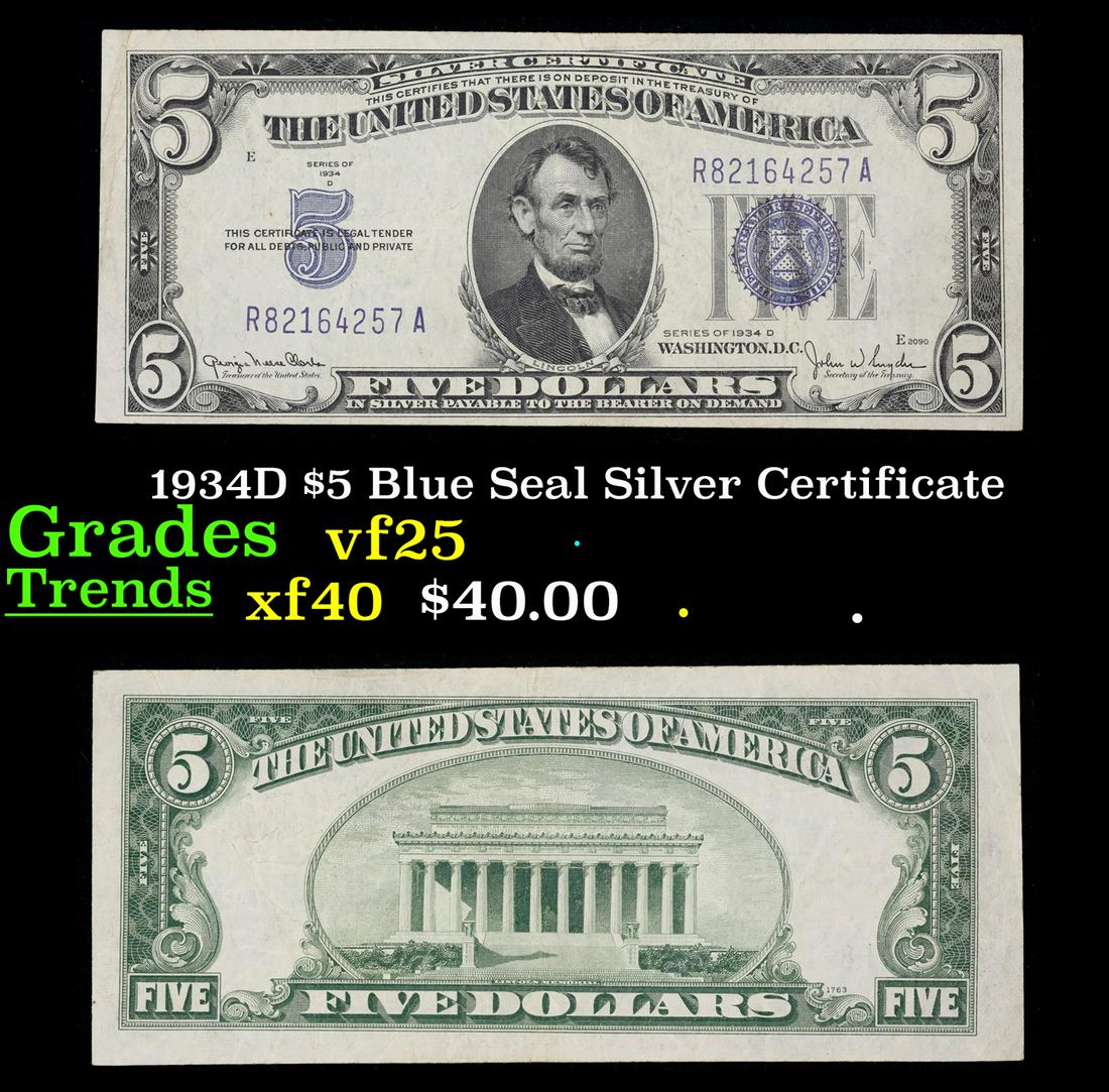 1934D $5 Blue Seal Silver Certificate Grades vf+ (1 of 3)