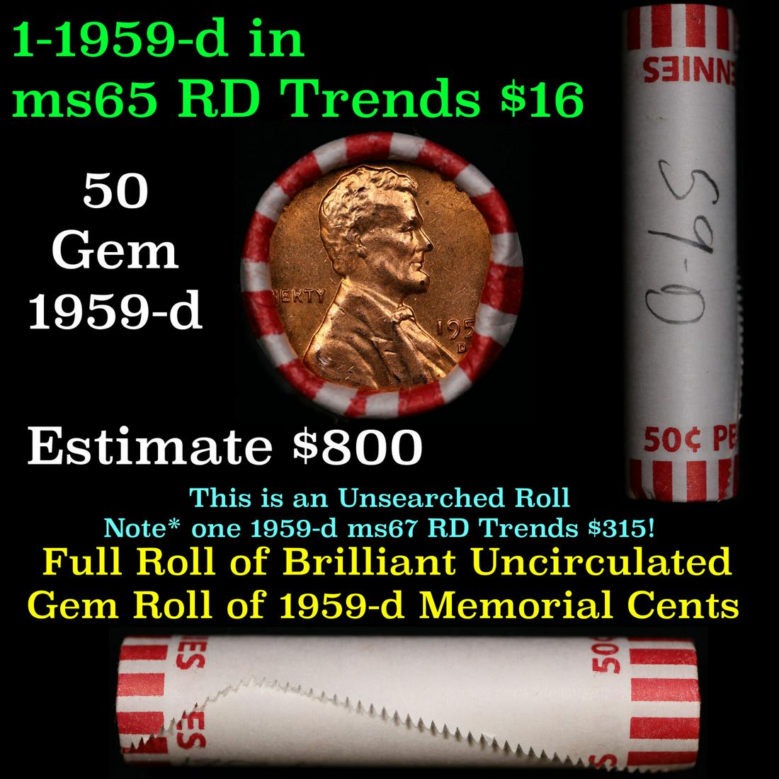 Shotgun Lincoln 1c roll, 1959-d 50 pcs Bank Wrapper.: Shotgun Lincoln 1c roll, 1959-d 50 pcs Bank Wrapper.. A terrific Shotgun roll of Lincoln cents. Most if not all coin should be cherry red.